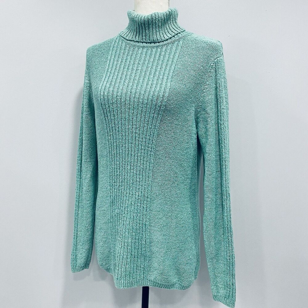 SUNDANCE L Turquoise Toasty Tweed Rib Knit Turtleneck Sweater Coastal Chic Soft